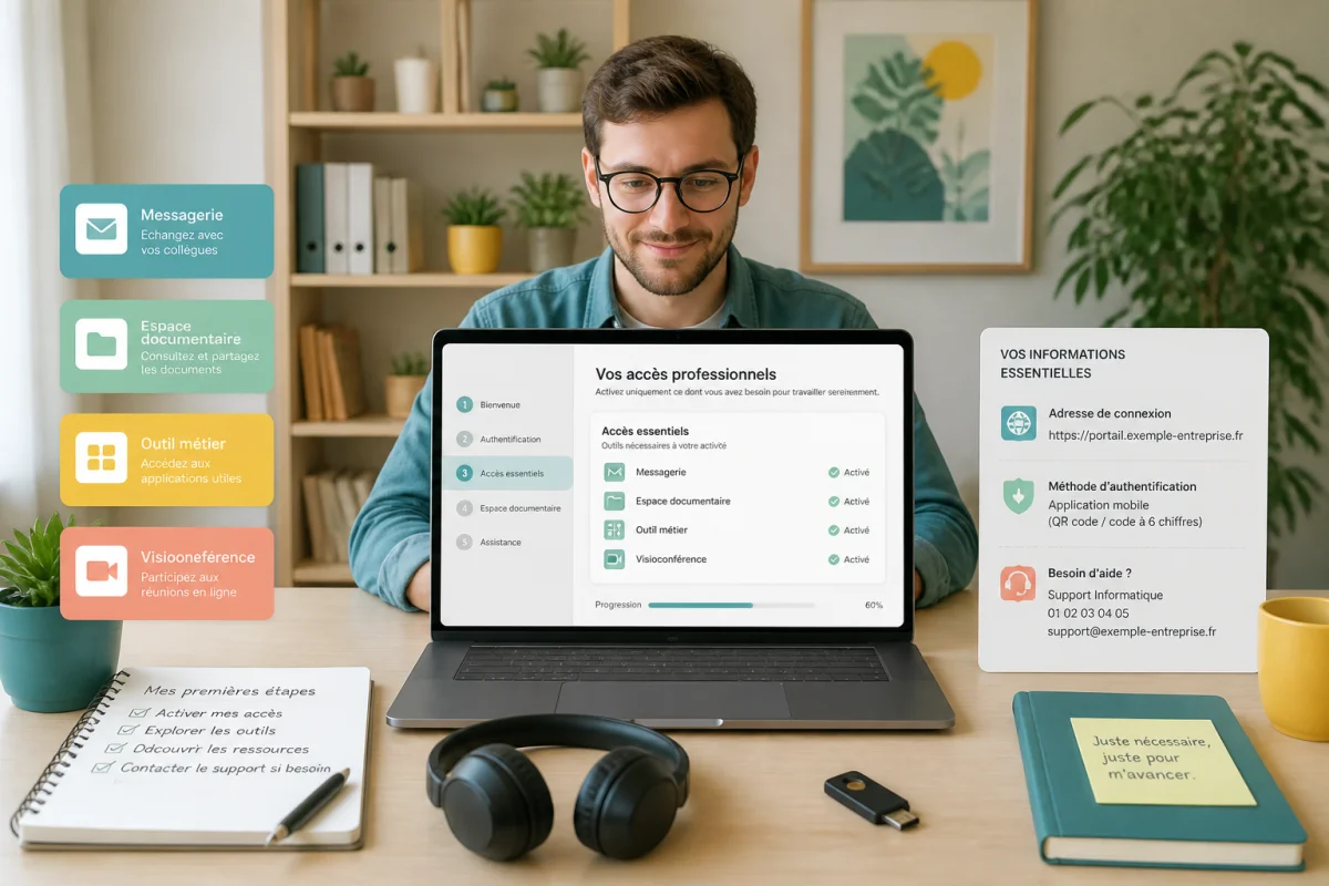 Onboarding collaborateur à distance organisé, avec accès professionnels essentiels et outils sécurisés depuis un bureau à domicile
