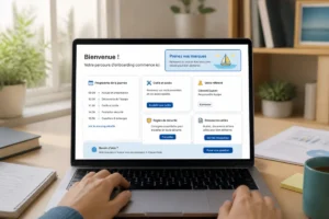 Collaboratrice en télétravail consultant une interface d’onboarding structurée sur son ordinateur portable depuis un bureau lumineux