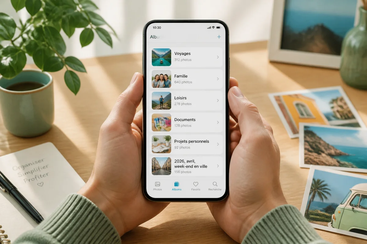 Personne organisant ses photos sur smartphone dans des albums thématiques et un album daté sur un bureau lumineux