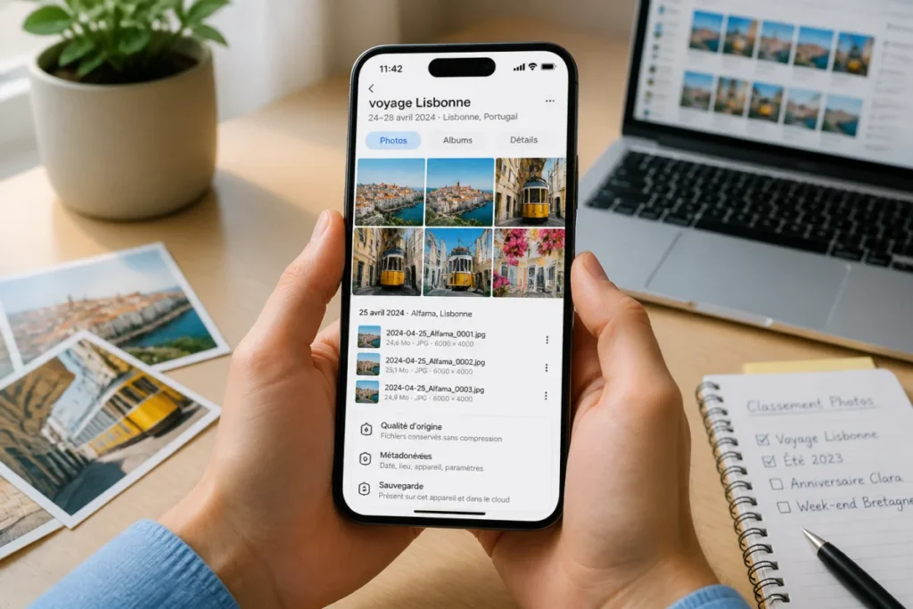Smartphone affichant une photothèque organisée avec albums, dates, lieux et photos de voyage à Lisbonne