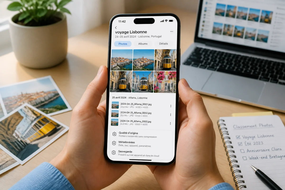 Smartphone affichant une photothèque organisée avec albums, dates, lieux et photos de voyage à Lisbonne