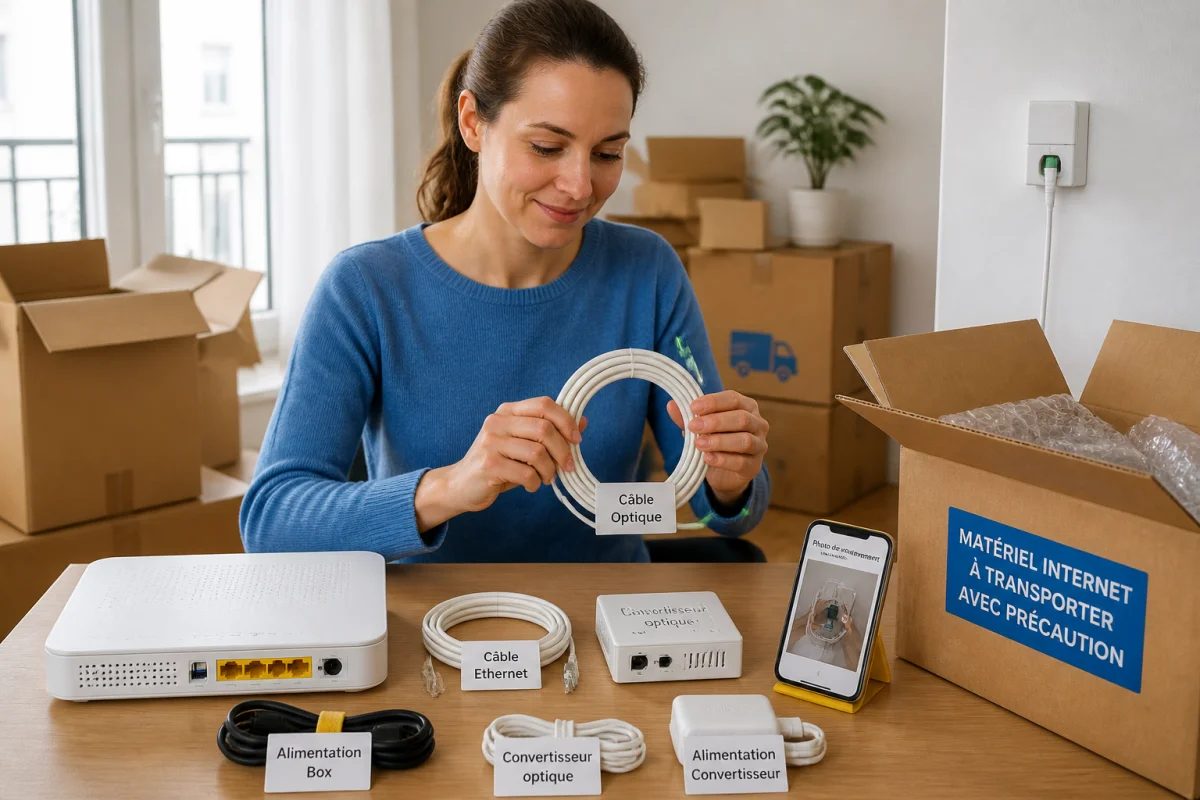 Personne préparant sa box internet et son boîtier fibre avant un déménagement, avec câbles étiquetés et cartons ouverts