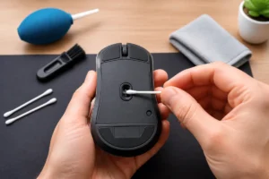 Réparer une souris d’ordinateur en nettoyant son capteur optique, ses boutons et sa molette avec des outils adaptés
