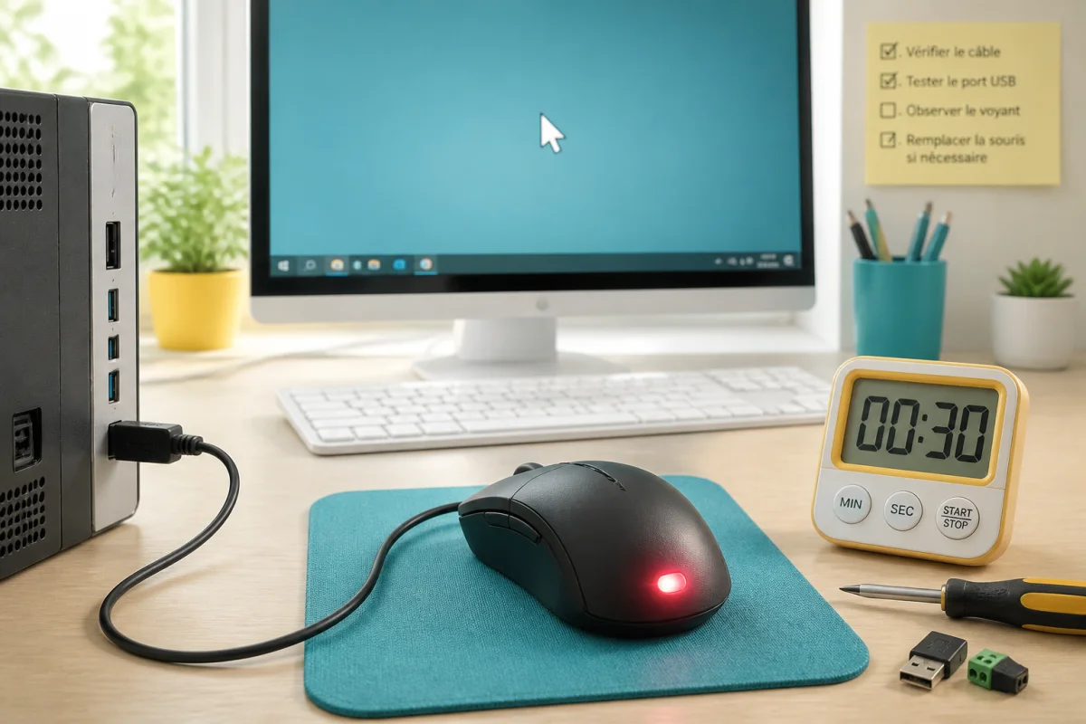 Réparer une souris d’ordinateur USB : voyant allumé, curseur immobile et port USB visibles sur un bureau.