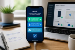 Smartphone affichant des fonctionnalités de sécurité pour sécuriser son smartphone contre le piratage, avec ordinateur et carnet en arrière-plan