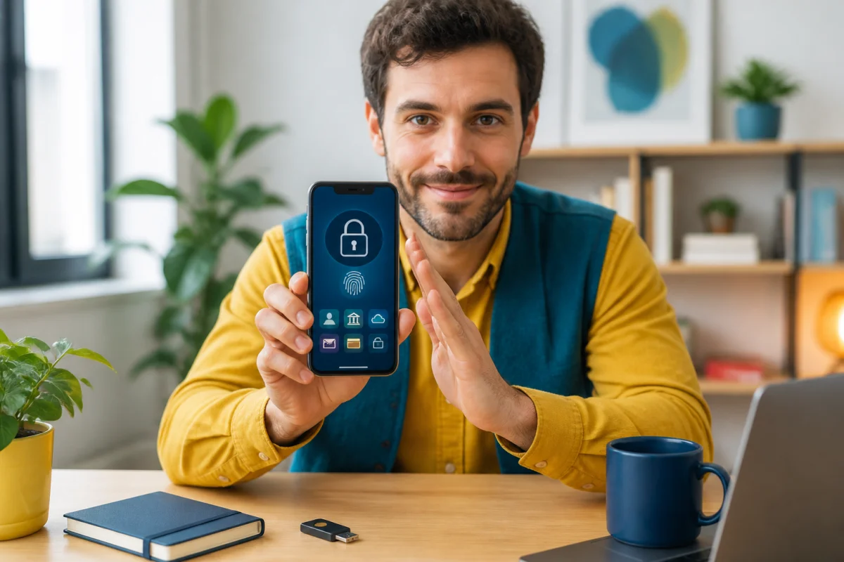 Personne protégeant un smartphone sécurisé par biométrie et cadenas, illustrant comment sécuriser son smartphone contre le piratage