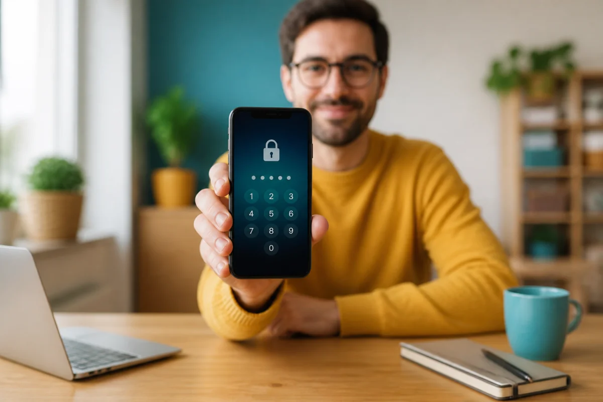 Personne tenant un smartphone verrouillé, cadenas fermé visible, symbolisant la sécurité mobile au quotidien par code ou biométrie