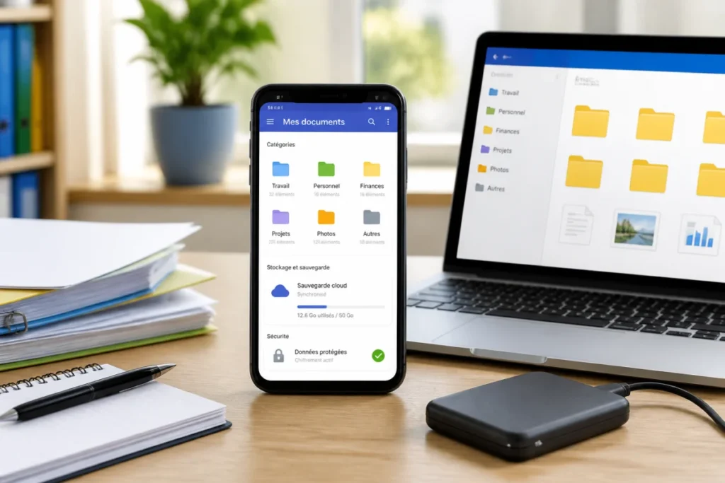 Smartphone affichant des dossiers, un cadenas et une sauvegarde cloud, entouré d’un ordinateur et d’un disque externe