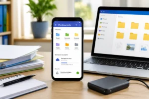 Smartphone affichant des dossiers, un cadenas et une sauvegarde cloud, entouré d’un ordinateur et d’un disque externe