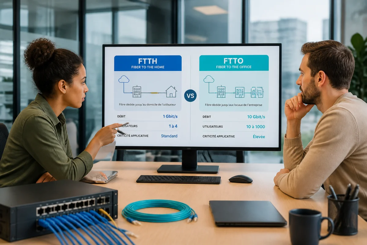 Deux professionnels évaluent les connexions fibre FTTH et FTTO sur écran, accompagnés par United Telecom dans un bureau moderne.